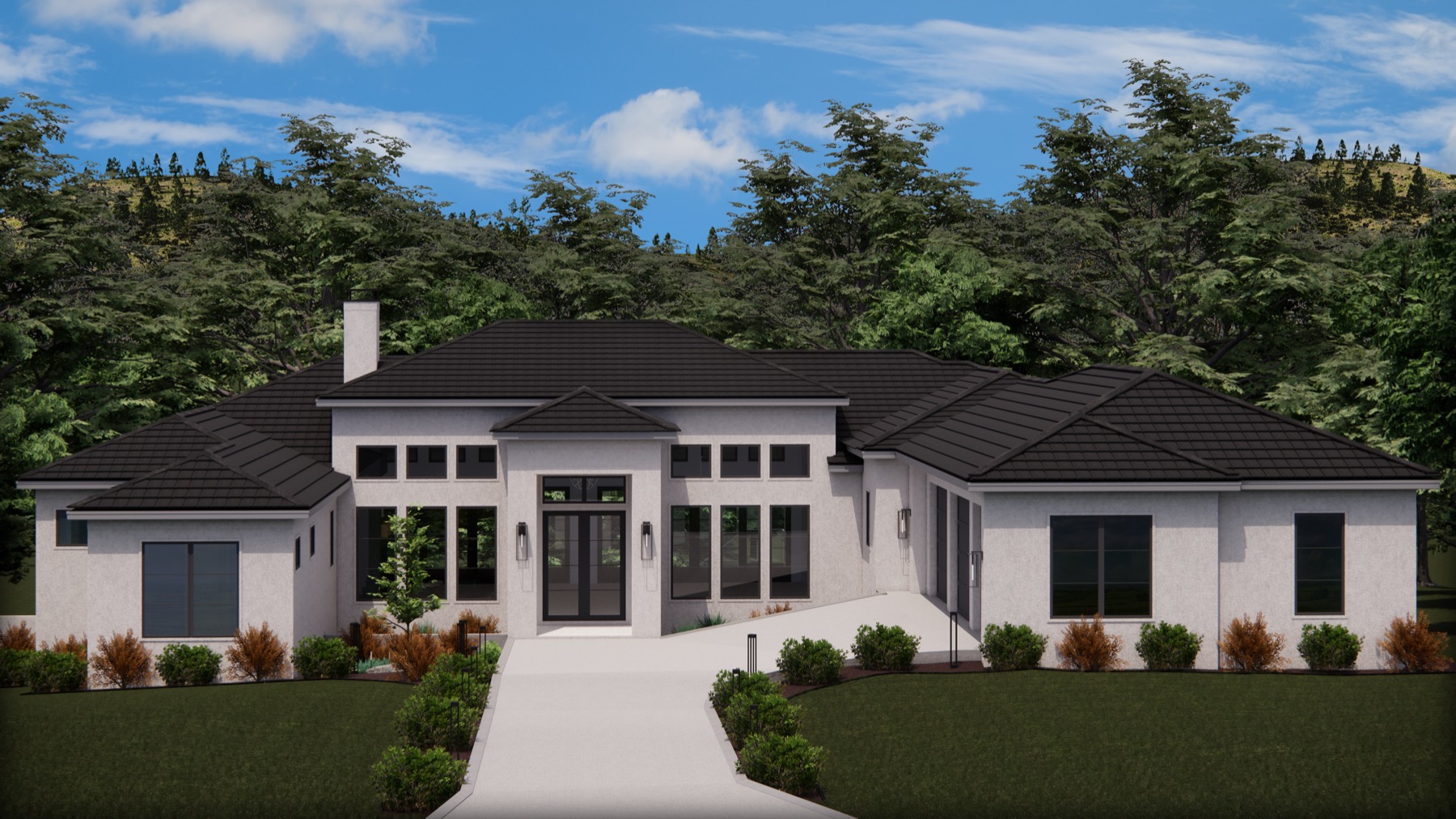 Architectural front-elevation rendering of 23028 Crafty Ridge with a contemporary single-story design
