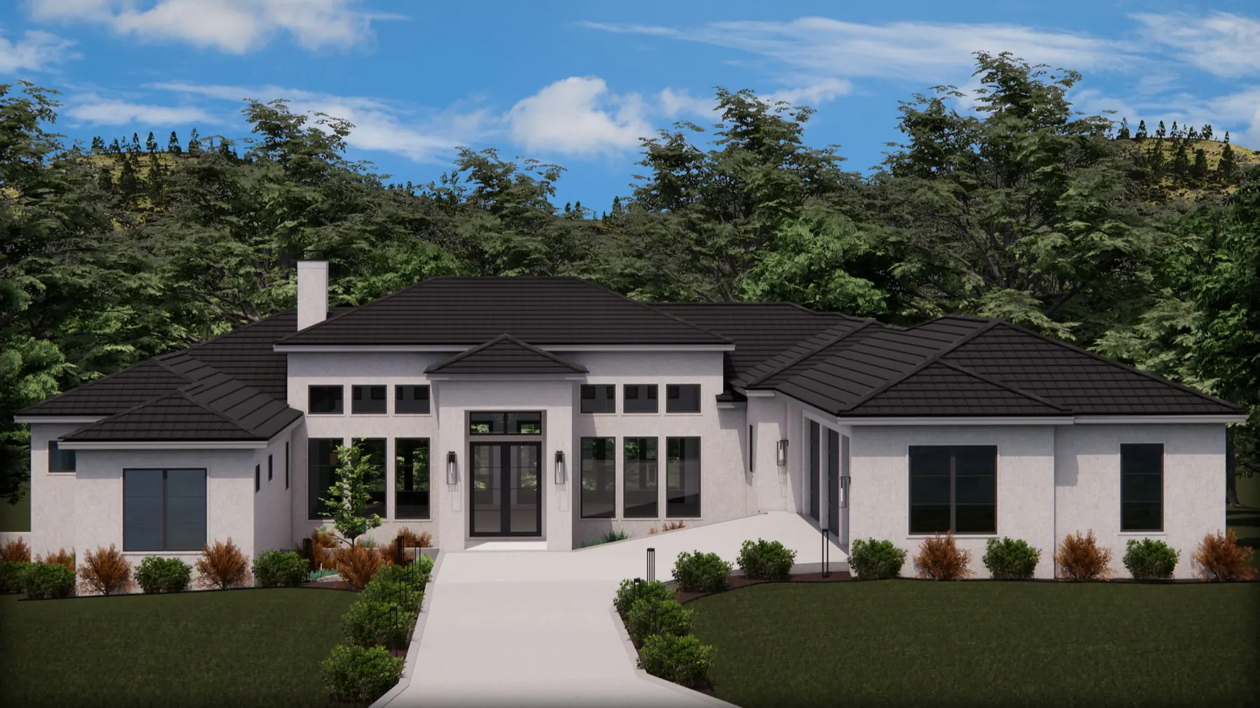 Architectural front-elevation rendering of 23028 Crafty Ridge with a contemporary single-story design