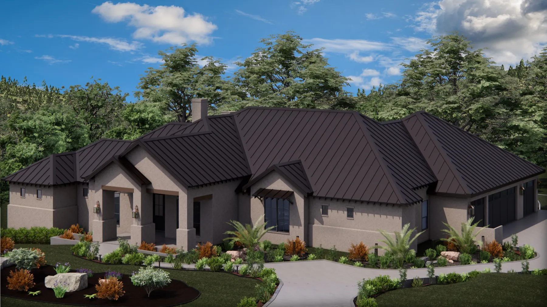 Architectural front-elevation rendering of 23034 Crafty Ridge with a broad single-story roofline and covered entry