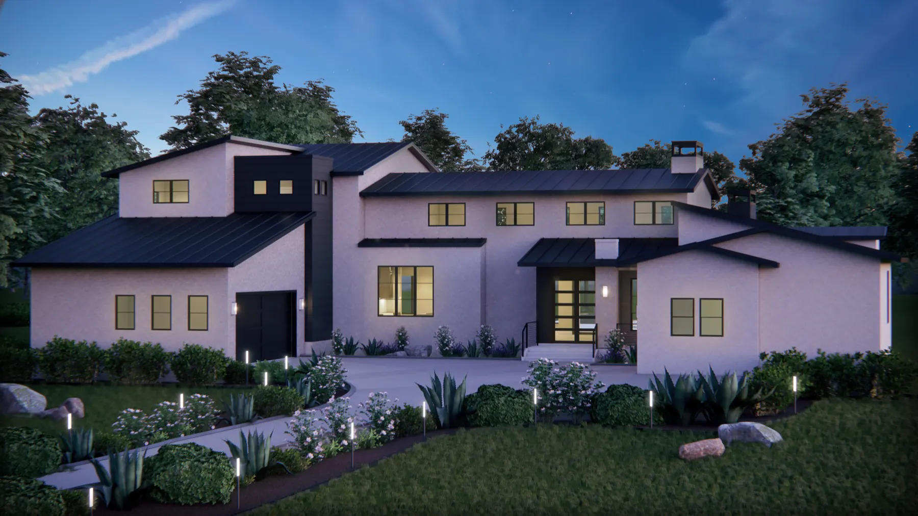 Architectural dusk rendering of 9508 Midsomer Place, a two-story contemporary home in Cantera Hills